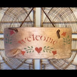 Vintage wooden handpainted welcome sign leather hanger